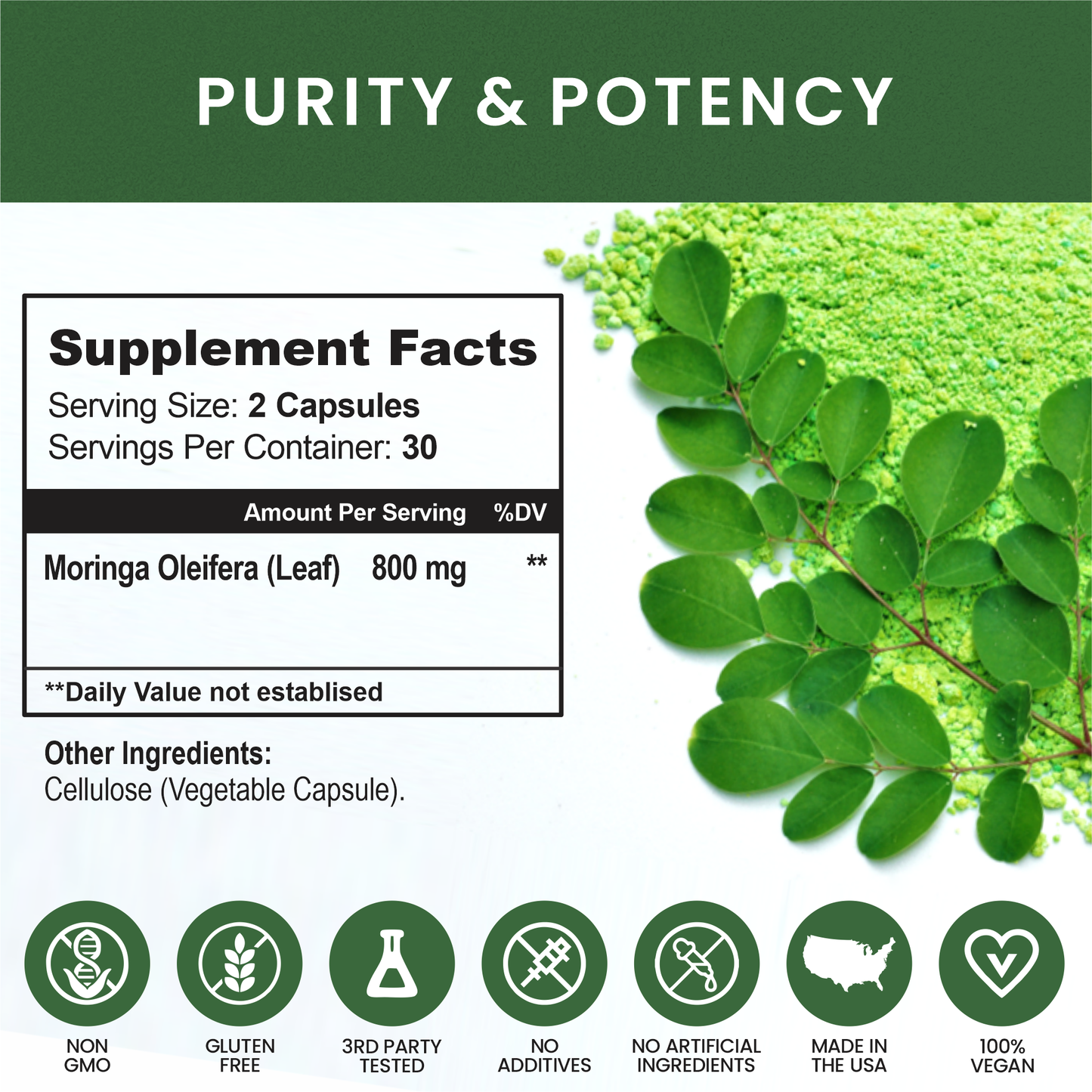 Moringa Capsules, 800mg Organic Moringa Oleifera